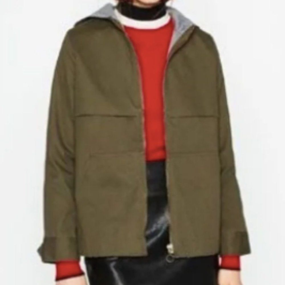 Zara Olive Green Hooded Jacket Denim Zip Utility Boxy Small - Picture 3 of 16